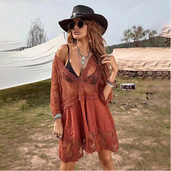 Other - Floral Pattern Lace Swimsuit Coverup In Orange